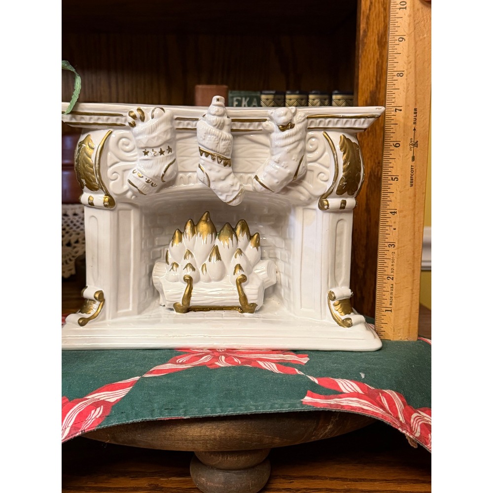Vintage Ceramic Christmas Fireplace Planter White Gold Stockings Mantle Decor - Picture 6 of 8